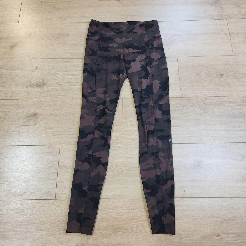 Lululemon Fast Free Leggings Womens 6 Brown Camo High Rise Ankle Yoga Gym